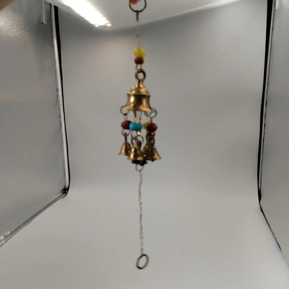 Vintage Brass Cluster Wind Chime Mini Temple Bells Boho Hanging Decor with Beads
